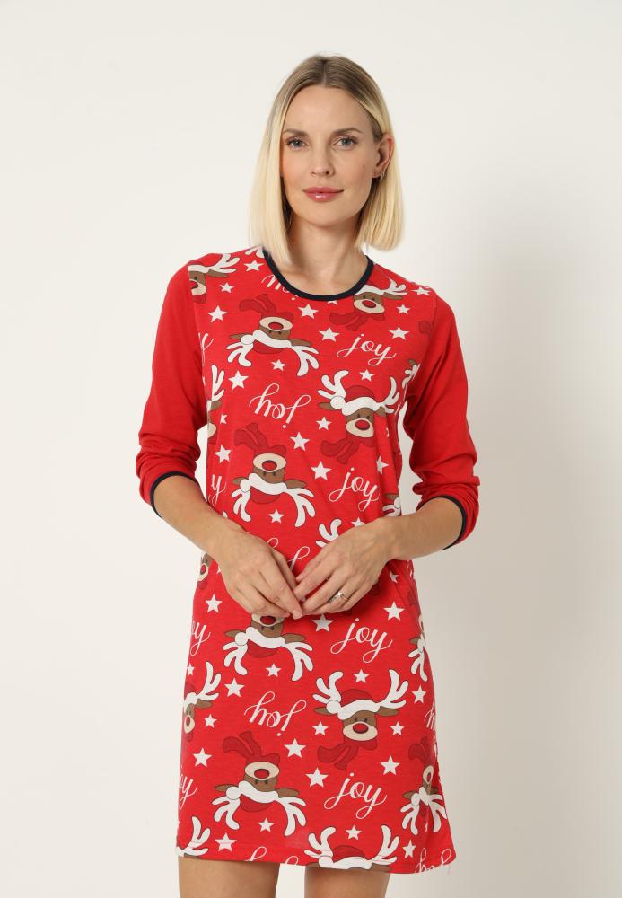 Camasa de noapte Craciun,imprimeu reni,culoare rosu ,En-gros